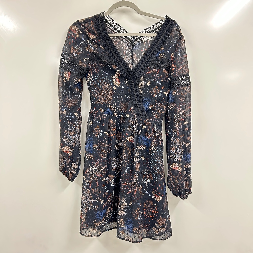Willow & Clay Boho Floral Mini Dress XS Sheer Long Sleeve Cottagecore Festival